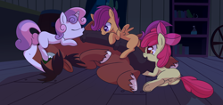 Size: 1920x903 | Tagged: explicit, artist:mostazathy, apple bloom, scootaloo, sweetie belle, anus, balls, big penis, blowjob, cmc foursome, cutie mark crusaders, earth pony, female, female on top, fffm foursome, filly, foal, foalcon, foursome, g4, group sex, horsecock, imported from derpibooru, impossibly large penis, male, medial ring, multiple blowjob, nudity, oral, pegasus, penis, pony, sex, ship:troublebelle, ship:troublebloom, ship:troubleloo, shipping, stallion, stallion on filly, straight, triple blowjob, trouble shoes, underhoof, unicorn, vulva