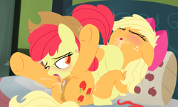 Size: 3000x1800 | Tagged: explicit, artist:dtcx97, apple bloom, applejack, 69 position, accessory swap, age difference, anatomically correct, anus, apple bloom's bow, apple sisters, applecest, bed, bedroom eyes, blushing, bow, clitoris, cunnilingus, duo, duo female, earth pony, eyes closed, female, filly, floppy ears, foal, foalcon, freckles, g4, hair bow, happy sex, hat, imported from derpibooru, incest, lesbian, lying down, lying on top of someone, mare, mare on filly, nudity, open mouth, oral, orgasm, ponut, pony, role reversal, scrunchy face, sex, ship:bloomjack, shipping, siblings, simultaneous orgasm, sisters, squirting, tongue out, tremble spikes, trembling, underhoof, vaginal orgasm, vaginal secretions, vaginal secretions in mouth, vulva, vulvar winking, wall of tags