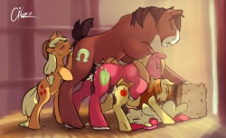 Size: 1280x778 | Tagged: explicit, artist:aikostable, apple bloom, applejack, 669 position, 69 position, age difference, anal, anal creampie, analingus, analingus on male, anus, applecest, balls, big macintosh, big macintosh's yoke, bipedal, bipedal leaning, bisexual, biting, blowjob, blushing, braeburn, cousin incest, cousins, creampie, cum, cumming, cunnilingus, doggy style, drool, earth pony, eyes closed, family orgy, female, female on male, female on male analingus, filly, fivesome, fluffy, foal, foalcon, from behind, g4, gay, gravy train, group sex, hair pulling, hay bale, horse collar, horsecock, imported from derpibooru, incest, male, mare, medial ring, nudity, on back, open mouth, oral, orgasm, orgy, penetration, penis, ponut, pony, pony on pony action, pony train, raised tail, sex, ship:braebloom, ship:braemac, ship:troublejack, ship:troublemac, shipping, simultaneous orgasm, size difference, stallion, stallion on filly, stallion on stallion, straight, throat swabbing, tongue out, trouble shoes, vaginal orgasm