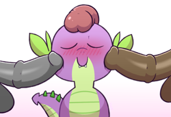 Size: 1280x873 | Tagged: explicit, artist:youwannaslap, spike, blushing, dragon, eyes closed, foalcon, g4, gay, horsecock, imported from derpibooru, male, nudity, penis, penis on face, smiling, this isn't my hat