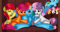 Size: 900x489 | Tagged: explicit, artist:saddnesspony, apple bloom, rainbow dash, scootaloo, sweetie belle, anus, cmc foursome, cutie mark crusaders, female, foalcon, foursome, g4, group sex, imported from derpibooru, lesbian, mare on filly, nudity, sex, ship:rainbloom, ship:scootadash, ship:sweetiedash, shipping, sweetiebloomaloodash, underhoof, vagina