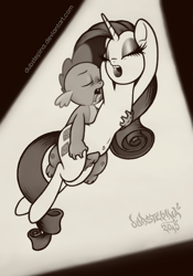 Size: 592x847 | Tagged: questionable, artist:dubstepina, rarity, spike, age difference, blushing, dragon, duo, duo male and female, female, foalcon, g4, imported from derpibooru, interspecies, male, monochrome, obscured penetration, pony, sex, ship:sparity, shipping, softcore, straight, straight shota, unicorn