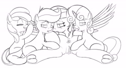 Size: 6400x3480 | Tagged: explicit, artist:saddnesspony, apple bloom, rainbow dash, scootaloo, sweetie belle, age difference, anus, clitoris, cmc foursome, cutie mark crusaders, earth pony, female, females only, filly, filly on mare, foal, foalcon, foursome, g4, group sex, imported from derpibooru, labia, lesbian, mare, monochrome, nudity, pony, rainbutt dash, sex, ship:scootadash, shipping, spreading, underhoof, urethra, vulva