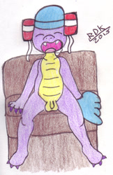 Size: 389x600 | Tagged: questionable, artist:rdk, spike, balls, dragon, foalcon, g4, genitals, imported from derpibooru, male, nudity, older, penis, sleeping, snoring, solo, solo male, traditional art