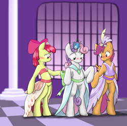 Size: 1280x1276 | Tagged: explicit, artist:seidouryu, apple bloom, scootaloo, sweetie belle, adorabloom, bandeau, belly button, bipedal, blushing, bottomless, casual nudity, clothes, cute, cutealoo, cutie mark crusaders, diasweetes, dress, earth pony, embarrassed, female, foalcon, g4, gala dress, genitals, imported from derpibooru, make new friends but keep discord, my little pony: friendship is magic, nudity, partial nudity, pegasus, pony, season 5, semi-anthro, simplistic vulva, subtly explicit, unicorn, vulva
