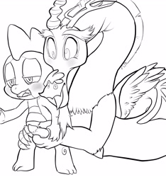 Size: 3000x3200 | Tagged: explicit, spike, artist needed, discord, dragon, foalcon, g4, gay, handjob, hemipenis, high res, imported from derpibooru, male, masturbation, monochrome, nudity, penis, ship:dispike, shipping, source needed