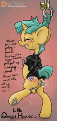 Size: 949x2000 | Tagged: explicit, artist:smudge proof, anal insertion, anus, bdsm, bipedal, blushing, bondage, braid, buttplug, chains, chastity, chastity cage, chastity plug, crying, eyes closed, foalcon, frog (hoof), g4, gritted teeth, horseshoes, imported from derpibooru, insertion, lock, lollipop, magic, male, malesub, nipples, nudity, omega, omega hooves, padlock, pain, patreon, patreon logo, pony, precum, predicament bondage, raised leg, ring, sex toy, snails, solo, solo male, straitjacket, submissive, suspension, suspension bondage, underhoof, unicorn