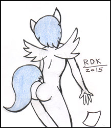 Size: 521x600 | Tagged: questionable, artist:rdk, anthro, ass, banned from derpibooru, butt, cotton cloudy, face not visible, female, filly, foal, foalcon, g4, imported from derpibooru, imported from twibooru, lolicon, my little pony: friendship is magic, nudity, pegasus, photo, simple background, solo, solo female, trade ya, trade ya!, traditional art, underage