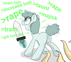 Size: 1500x1300 | Tagged: explicit, artist:datte-before-dawn, oc, oc:deep blue, 4chan, >rape, anus, female, filly, foal, foal quest, foalcon, greentext, imported from derpibooru, nudity, oc only, sword, tail wag, tail wiggle, tentacles, text, vagina, vulva, weapon