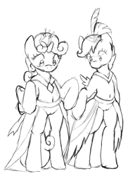 Size: 600x823 | Tagged: explicit, artist:seidouryu, scootaloo, sweetie belle, bipedal, casual nudity, clothes, cute, cutealoo, diasweetes, dress, female, foalcon, g4, gala dress, genitals, grayscale, imported from derpibooru, make new friends but keep discord, monochrome, my little pony: friendship is magic, nudity, pegasus, season 5, semi-anthro, unicorn, vulva