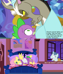 Size: 2000x2353 | Tagged: questionable, artist:alexiy777, artist:chainchomp2 edits, artist:masem, fluttershy, spike, age difference, angry, ass up, bed, bedroom, bedroom eyes, caption, comic, derp, discord, discord is not amused, draconequus, dragon, edit, edited screencap, exploitable meme, eye contact, face down ass up, female, fluttershy gets all the stallions, foalcon, frown, g4, glare, high res, horn, hundreds of users filter this tag, i didn't listen, image macro, implied oral, implied sex, imported from derpibooru, looking back, love, love triangle, make new friends but keep discord, male, meme, my little pony: friendship is magic, open mouth, party favor, pegasus, pony, prone, screencap, screencap comic, season 5, ship:flutterspike, shipping, show accurate, show accurate porn, smiling, softcore, spike you lucky bastard, spike's room, spread legs, spread wings, straight, this will end in death, threatening, unamused, unicorn, vector edit, wide eyes, window, wingboner, wingless spike, wings