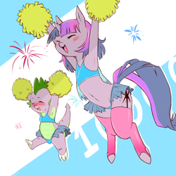 Size: 1200x1200 | Tagged: questionable, artist:cold-blooded-twilight, spike, twilight sparkle, arm hooves, armpits, belly button, bipedal, blushing, bra on pony, cheerleader, clothes, cold blooded twilight, crossdressing, crotch bulge, cute, dragon, duo, duo male and female, female, foalcon, g4, imported from derpibooru, male, male cheerleader, midriff, pony, semi-anthro, spikabetes, sports bra, twiabetes, unicorn, unicorn twilight, wingless spike