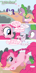 Size: 640x1280 | Tagged: explicit, artist:syoee b, pinkie pie, rarity, spike, comic:initiations, anus, blushing, butt, clitoris, comic, dialogue, dragon, earth pony, female, foalcon, g4, heart, human vulva on pony, imported from derpibooru, looking at butt, looking at you, looking back, looking back at you, male, nudity, plot, pony, presenting, raised tail, ship:pinkiespike, shipping, straight, tail aside, tail swish, teasing, too hot for putin, unexpected, unicorn, vagina, vulva, vulvar winking