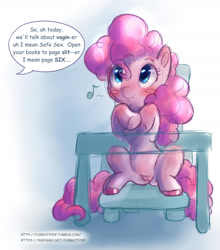Size: 1490x1695 | Tagged: explicit, artist:furnut, pinkie pie, blushing, cute, cute porn, desk, earth pony, female, filly, foal, foalcon, freudian slip, g4, imported from derpibooru, music notes, nudity, pony, sex education, solo, solo female, vulva, younger