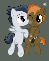 Size: 1430x1780 | Tagged: explicit, artist:sasukex125, button mash, aftersex, anal creampie, anus, balls, cheek kiss, colt, colt on colt, creampie, cum, earth pony, foal, foalcon, g4, gay, imported from derpibooru, kissing, looking pleasured, male, nudity, pegasus, penis, pony, reasonably sized genitals, rumble, sex, ship:rumblemash, spankable coin purse