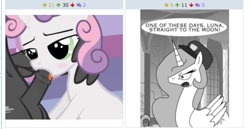 Size: 741x381 | Tagged: explicit, artist:sadieyule, artist:sonic-chaos, princess celestia, sweetie belle, age difference, alicorn, balls, bedroom eyes, belly button, blowjob, blushing, derpibooru, drool, exploitable meme, female, filly, foal, foalcon, g4, hat, holding head, imported from derpibooru, indoors, just the tip, juxtaposition, juxtaposition win, male, mare, meme, meta, nudity, offscreen character, oral, pegasus, penis, pony, ship:sweetielane, shipping, show accurate, show accurate porn, stallion, stallion on filly, straight, the honeymooners, thunderlane, to the moon, tongue out, unicorn, wing hands, wings