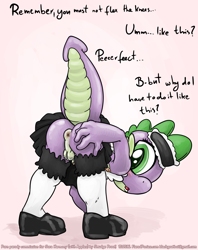 Size: 1189x1500 | Tagged: explicit, artist:smudge proof, spike, :o, anus, balls, bent over, blushing, clothes, commission, crossdressing, dragon, foalcon, g4, implied applejack, imported from derpibooru, legwear, looking at you, looking back, maid, male, nipples, nudity, penis, presenting, raised tail, simple background, small penis, solo, solo male, stockings, tail, thigh highs, white background
