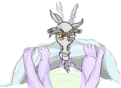 Size: 583x421 | Tagged: explicit, artist:woox, spike, bed, blanket, discord, dragon, flockmod, foalcon, g4, imported from derpibooru, make new friends but keep discord, male, males only, my little pony: friendship is magic, nudity, penis, scene interpretation