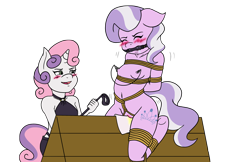 Size: 3400x2200 | Tagged: explicit, artist:ryuseihikari, diamond tiara, sweetie belle, angry, anthro, bdsm, belly button, bit gag, blushing, bondage, bondage furniture, box tied, breast bondage, breasts, clothes, crotch rope, defiance, delicious flat chest, dominatrix, drool, earth pony, female, filly, fluids, foal, foalcon, g4, gag, high res, imported from derpibooru, knee tied, lesbian, nipple chain, nipple clamps, nipples, nudity, revenge, riding crop, rope, rope bondage, simple background, sweetiedom, transparent background, underhoof, unguligrade anthro, unicorn, urine, watersports, wooden horse