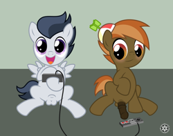 Size: 2035x1600 | Tagged: explicit, artist:sasukex125, button mash, balls, blushing, colt, colt on colt, foal, foalcon, g4, gay, imported from derpibooru, male, nintendo, nintendo entertainment system, nudity, pegasus, penis, pony, reasonably sized genitals, rumble, sheath, sheathed, ship:rumblemash, show accurate, show accurate porn, video game