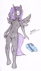 Size: 380x650 | Tagged: explicit, artist:rdk, oc, oc:nyx, alicorn, alicorn oc, anthro, breasts, female, foalcon, imported from derpibooru, nipples, nudity, oc only, solo, solo female, traditional art, undressing
