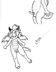 Size: 503x650 | Tagged: explicit, artist:rdk, oc, oc:fyrewing, baby, baby dragon, balls, dragon, foalcon, imported from derpibooru, male, monochrome, nudity, oc only, penis, solo, solo male