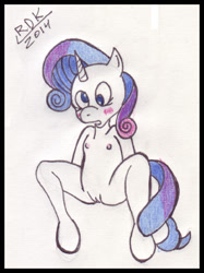 Size: 456x609 | Tagged: explicit, artist:rdk, rarity, anthro, blushing, female, filly, foal, foalcon, g4, imported from derpibooru, my little pony: friendship is magic, nipples, nudity, solo, solo female, sonic rainboom (episode), traditional art, unguligrade anthro, vulva