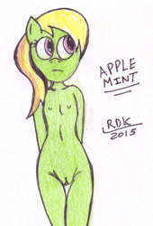 Size: 407x600 | Tagged: explicit, artist:rdk, anthro, apple mint, banned from derpibooru, breasts, delicious flat chest, female, filly, foal, foalcon, g4, imported from derpibooru, imported from twibooru, lolicon, nipples, nudity, solo, solo female, traditional art, underage, vulva