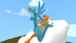 Size: 1920x1080 | Tagged: explicit, artist:mastersounds, rainbow dash, scootaloo, 3d, ambiguous penetration, anthro, barefoot, belly button, breasts, busty rainbow dash, busty scootaloo, feet, foalcon, futa, futa on female, futa scootaloo, g4, horsecock, imported from derpibooru, intersex, nipples, nudity, older, penetration, penis, plantigrade anthro, ship:scootadash, shipping, source filmmaker