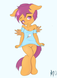 Size: 2529x3441 | Tagged: explicit, artist:mdgusty, rainbow dash, scootaloo, adorasexy, alternate version, anthro, bottomless, clothes, cute, cute porn, female, floppy ears, foalcon, g4, genitals, high res, imported from derpibooru, nudity, sexy, shirt pull, solo, solo female, spread wings, vulva, wings