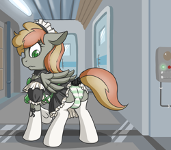 Size: 2000x1750 | Tagged: questionable, artist:fearingfun, oc, oc:black powder, butt, clothes, colt, crossdressing, crotch bulge, dress, ears back, eyelashes, fallout equestria, foal, foalcon, imported from derpibooru, maid, male, mooseknuckle, oc only, panties, pegasus, plot, pony, skirt, solo, solo male, striped underwear, tail wrap, teenager, trap, underwear, upskirt