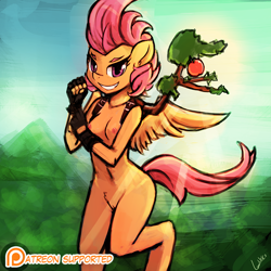 Size: 750x750 | Tagged: explicit, artist:lumineko, scootaloo, anthro, apple bloomers, belly button, breasts, female, foalcon, g4, imported from derpibooru, looking at you, nipples, nudity, pubic hair, solo, solo female, unguligrade anthro, vulva