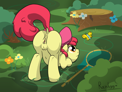 Size: 2560x1920 | Tagged: explicit, artist:rainihorn, apple bloom, anus, ass up, belly button, bloom butt, bow, butt, butterfly, casual nudity, clitoris, crotchboobs, earth pony, face down ass up, female, foal, foalcon, forest, forest background, g4, hair bow, imported from derpibooru, nipples, nudity, plot, pony, solo, solo female, teats, vagina, vulva