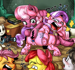Size: 1319x1238 | Tagged: explicit, grimdark, artist:nekubi, apple bloom, diamond tiara, scootaloo, abuse, anal insertion, cheerilee, classroom, colt, crying, featherweight, female, female on female rape, filly, foal, foalcon, g4, hoers, humiliation, imported from derpibooru, insertion, laughing, lesbian, male, mare, nudity, open mouth, pinworm test, public, punishment, rape, rape as punishment, screaming, this will end in jail time, tiarabuse, truffle shuffle, underhoof, vulva