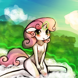 Size: 750x750 | Tagged: questionable, artist:lumineko, sweetie belle, :p, adorasexy, anthro, apple bloomers, blushing, breasts, cloud, cloudy, cute, delicious flat chest, female, flatie belle, floppy ears, foalcon, g4, imported from derpibooru, kneeling, looking at you, magic, nipples, nudity, sexy, smiling, solo, solo female, sweetie belle's magic brings a great big smile, tongue out, unguligrade anthro