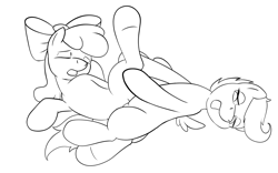 Size: 1920x1200 | Tagged: explicit, artist:btbunny, apple bloom, scootaloo, apple bloom's bow, bedroom eyes, blank flank, bow, earth pony, eyes closed, eyes on the prize, female, females only, filly, filly on filly, foal, foalcon, g4, grayscale, hair bow, implied babs, imported from derpibooru, lesbian, looking at each other, looking down, moan, moaning, moaning in pleasure, monochrome, open mouth, pegasus, pony, pony on pony action, sex, ship:scootabloom, shipping, simple background, spread wings, tribadism, underhoof, white background, wingboner, wings