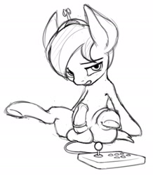 Size: 1820x2084 | Tagged: explicit, artist:vulapa, button mash, balls, foalcon, g4, hat, horsecock, imported from derpibooru, legs in air, male, monochrome, nudity, penis, propeller hat, reasonably sized genitals, sex toy, solo, solo male, vibrator