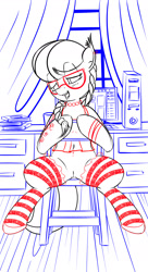 Size: 900x1655 | Tagged: explicit, artist:saddnesspony, silver spoon, belly button, belly piercing, bellyring, clothes, computer, female, foalcon, g4, glasses, imported from derpibooru, lineart, nudity, piercing, socks, solo, solo female, striped socks, vulva