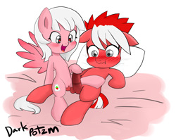 Size: 1925x1531 | Tagged: explicit, artist:potzm, oc, oc:strawberry milkshake, oc:strawberry yogurt, balls, blushing, female, filly, foal, foalcon, heart, heart eyes, horsecock, imported from derpibooru, nudity, oc only, penis, vulva, wingding eyes