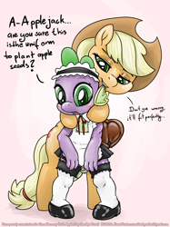 Size: 1500x2007 | Tagged: explicit, artist:smudge proof, applejack, spike, balls, blushing, circumcised, clothes, commission, crossdressing, dragon, ear bite, flaccid, foalcon, futa, futa applejack, futa on male, futadom, g4, heart flare, horsecock, human penis, imported from derpibooru, intersex, maid, male, nudity, penis, pony on dragon action, ship:applespike, shipping, size difference, small penis