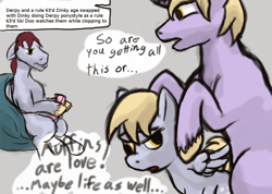 Size: 1080x768 | Tagged: explicit, artist:thebathwaterhero, derpy hooves, dialogue, dinky hooves, female, foalcon, g4, imported from derpibooru, male, older, pony, rule 63, ski doo, trio, younger