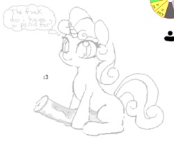 Size: 705x585 | Tagged: explicit, artist:fatalqueef, sweetie belle, big penis, dialogue, flockmod, foalcon, futa, futa sweetie belle, g4, imported from derpibooru, impossibly large penis, intersex, nudity, penis