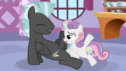 Size: 1280x720 | Tagged: explicit, artist:sadieyule, sweetie belle, age difference, animated, bedroom eyes, belly button, blowjob, blushing, eyes closed, female, filly, foal, foalcon, g4, horsecock, imported from derpibooru, indoors, insertion, licking, magic, magic penis, male, mare, masturbation, mating, nudity, on side, open mouth, oral, pegasus, penis, pony, precum, ship:sweetielane, show accurate, show accurate porn, sitting, size difference, smiling, spread legs, stallion, stallion on filly, straight, telekinesis, this will end in jail time, thunderlane, tongue out, unicorn, vaginal, vaginal insertion