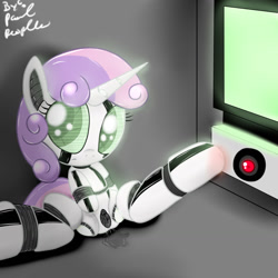 Size: 1280x1280 | Tagged: explicit, artist:paulpeopless, sweetie belle, female, filly, foal, foalcon, g4, hooves, horn, imported from derpibooru, nudity, pony, robot, robot pony, sitting, solo, solo female, sweetie bot, unicorn, vagina, vaginal secretions, vulva