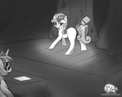 Size: 1084x868 | Tagged: explicit, artist:sugarlesspaints, sweetie belle, anal insertion, anus, bloom & gloom, blushing, broom, butt, dj pon-3, duo, female, foalcon, g4, grayscale, imported from derpibooru, insertion, masturbation, monochrome, my little pony: friendship is magic, nudity, plot, pony, stage, unicorn, unusual insertion, vinyl scratch, vulva