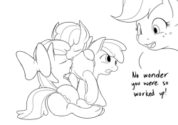 Size: 3400x2400 | Tagged: explicit, artist:vulapa, apple bloom, applejack, analingus, analingus on female, anus, bow, dialogue, earth pony, eyes closed, female, filly, foal, foalcon, freckles, g4, hair bow, high res, imported from derpibooru, lesbian, lineart, mare, monochrome, nudity, open mouth, oral, pony, scene parody, self paradox, self ponidox, selfcest, simple background, tongue out, transparent background, underhoof, vagina, vulva