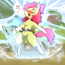 Size: 1800x1800 | Tagged: explicit, artist:cold-blooded-twilight, apple bloom, belly button, bloom & gloom, electricity, electrocution, electrostim, female, foalcon, g4, imported from derpibooru, my little pony: friendship is magic, nudity, orgasm, pest control gear, pony, puns in the comments, shocked, solo, solo female, spoiler, squirting, twitbuster apple bloom, twittermite, vaginal secretions, vulva