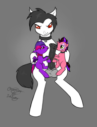 Size: 1609x2092 | Tagged: explicit, artist:clippypony, oc, oc:dazzle dust, oc:violet rose ze vampony, oc:yari the impaler, balls, bat pony, blowjob, bondage, cock worship, collar, double blowjob, foalcon, horsecock, imported from derpibooru, licking, maledom, multiple blowjob, nudity, oc only, oral, penis, pony, size difference