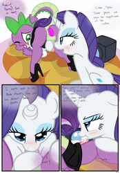 Size: 1741x2500 | Tagged: explicit, artist:pyruvate, rarity, spike, comic:dragon queen, balls, blowjob, comic, creampie, crossdressing, cum, cum in mouth, dildo, dragon, female, femboy, femboy spike, femdom, foalcon, g4, hoofjob, imported from derpibooru, male, malesub, nudity, oral, oral creampie, penis, premature ejaculation, raridom, sex toy, ship:sparity, shipping, sissy, spikesub, straight, submissive