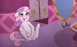 Size: 2000x1213 | Tagged: explicit, artist:bandage colony, sweetie belle, ahegao, carousel boutique, female, foalcon, g4, hoofing, imported from derpibooru, legs in air, masturbation, nudity, orgasm, solo, solo female, squirting, vaginal hoofing, vaginal orgasm, vaginal secretions, vulva